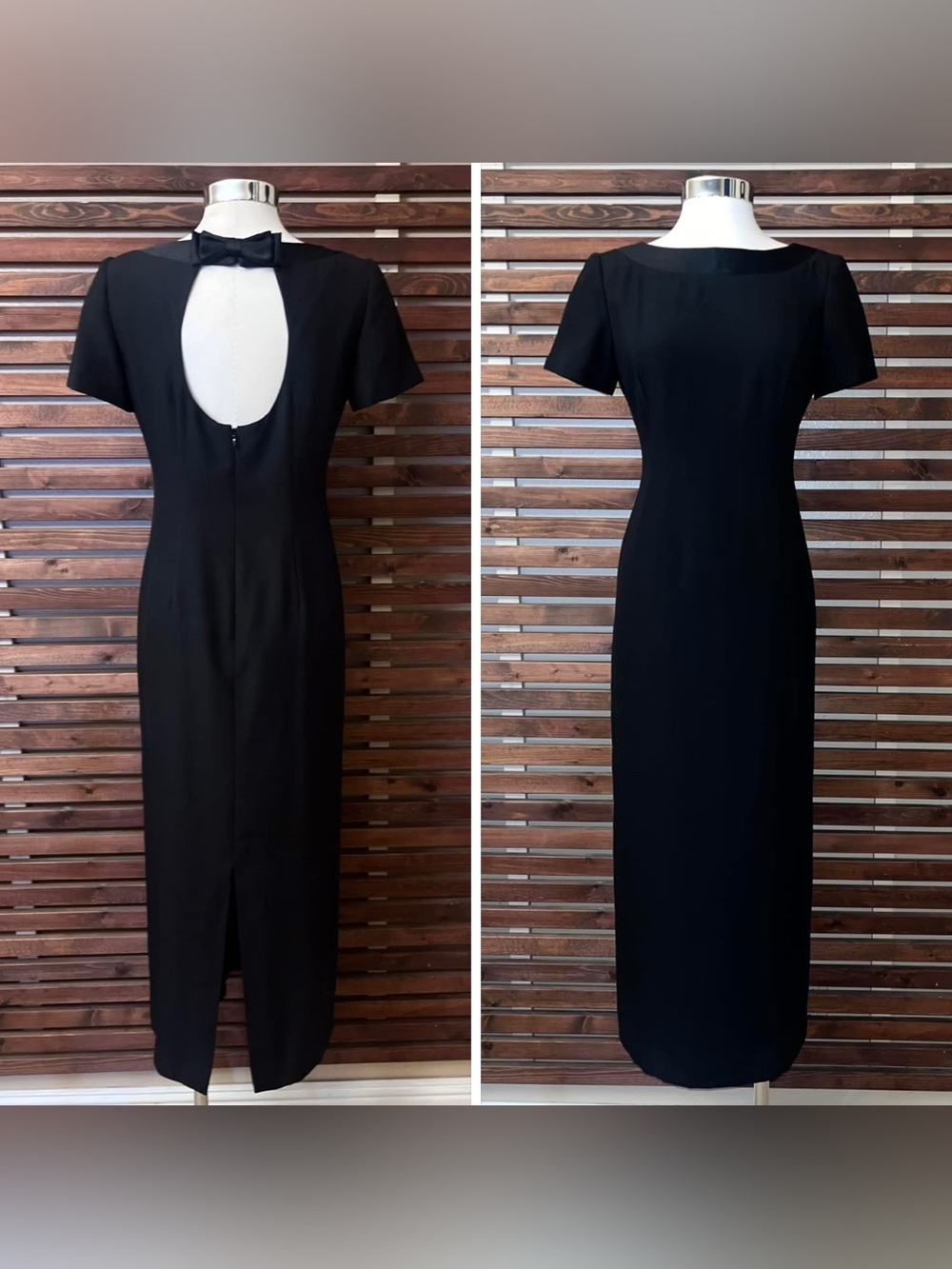 Vintage 1990s 90s Black Short Sleeve Open Back Maxi Papell Evening Dress w/ Bow